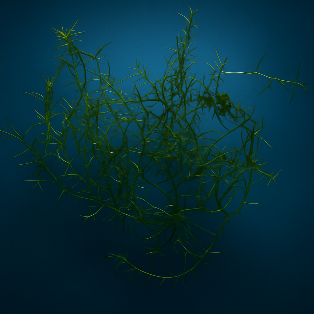 A cluster of guppy grass (Najas guadalupensis) with fine, branching green stems is centered on a deep ocean blue matte background. A soft spotlight highlights the plant’s delicate texture, creating contrast against the darker outer edges.