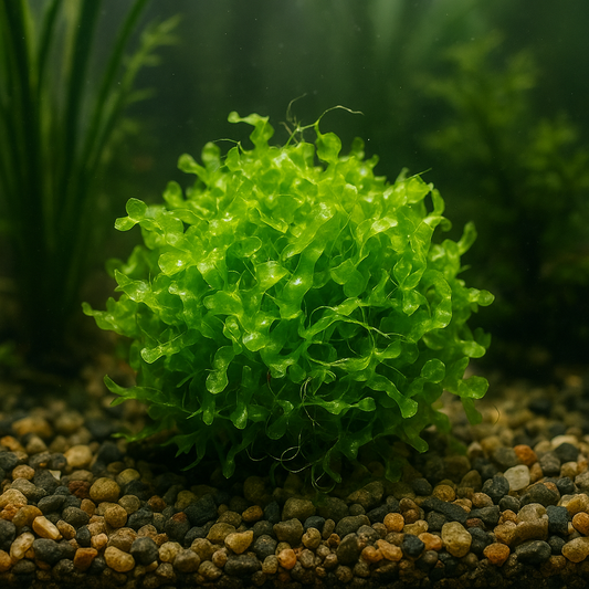Bright green Subwassertang moss forming a dense ball on natural aquarium gravel, surrounded by soft-focus live plants in a freshwater tank.