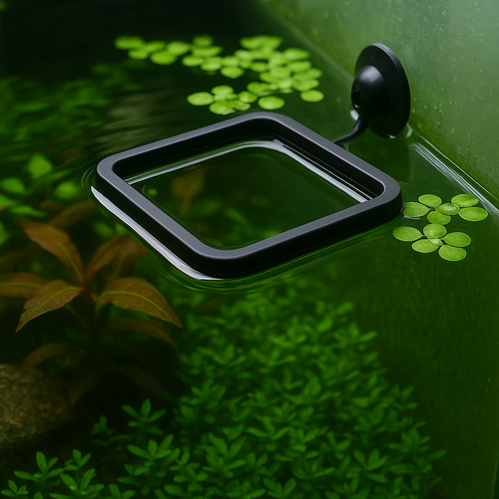 “Aquarium floating feeding ring with suction cup, designed to contain floating plants and keep fish food in one area.