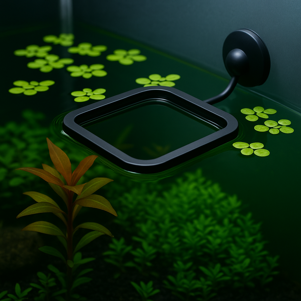 “Floating fish feeding ring with suction cup in a planted aquarium, keeping duckweed and floating plants contained during feeding.